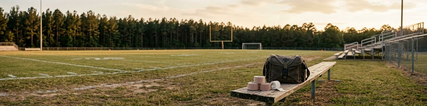 Empty football field at golden hour with a sideline medical bag