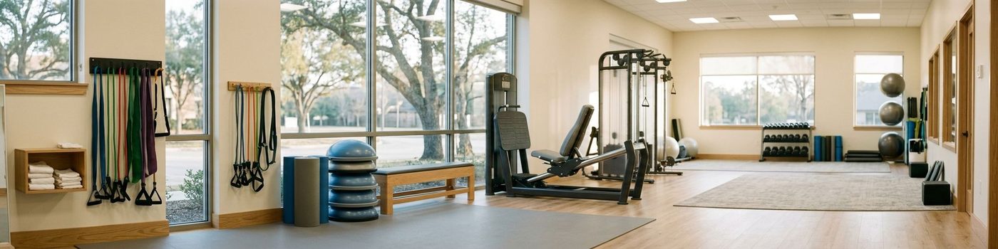 Physical therapy gym floor in morning light