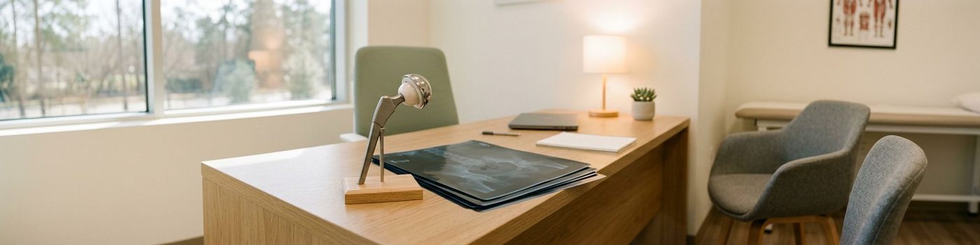 Consultation desk with a hip-implant model and imaging films