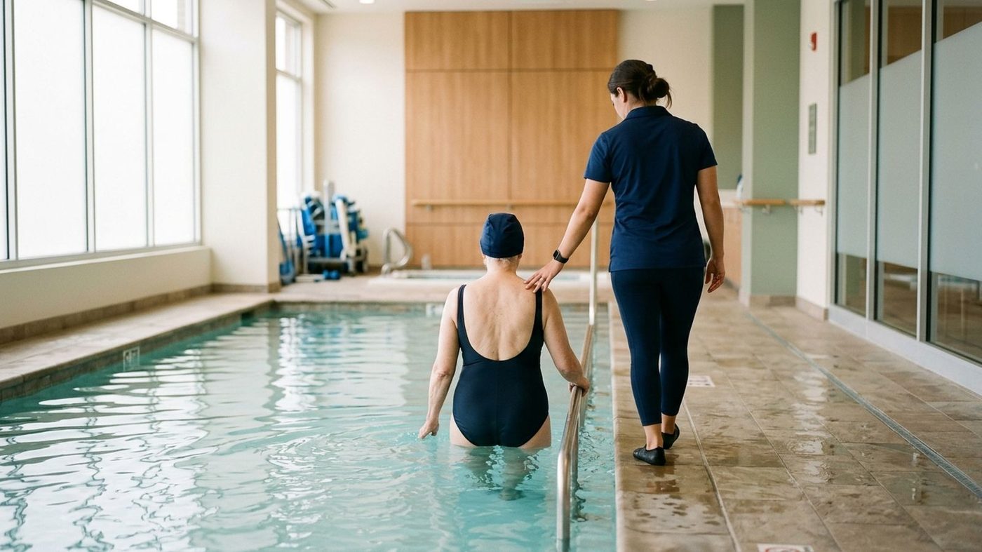 Aquatic therapy session in a warm-water therapy pool