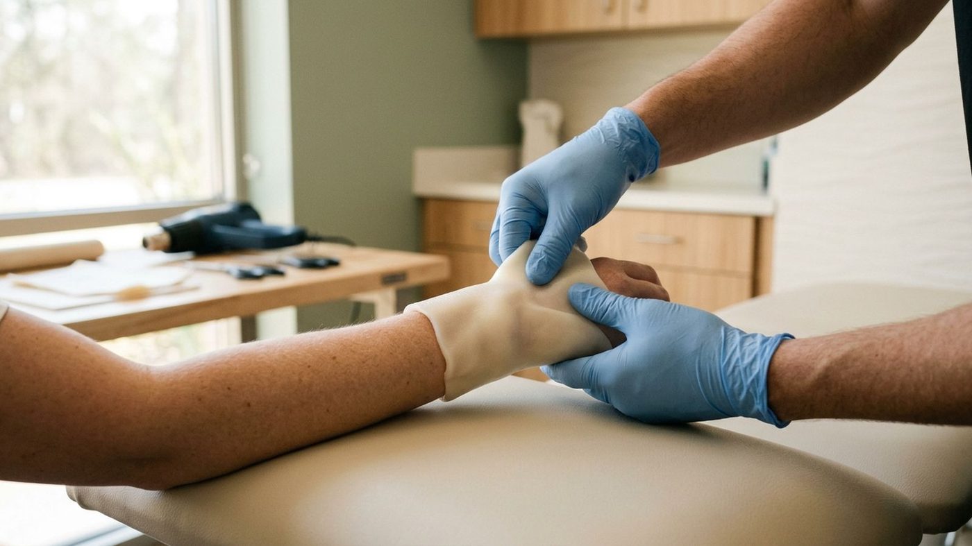 Hand therapist molding a custom thermoplastic splint