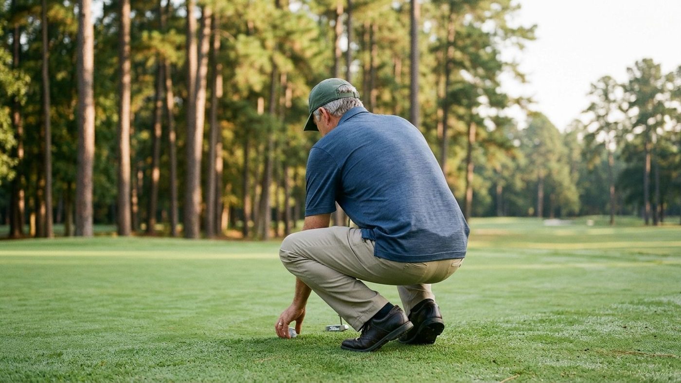 A golfer crouching to read a putt