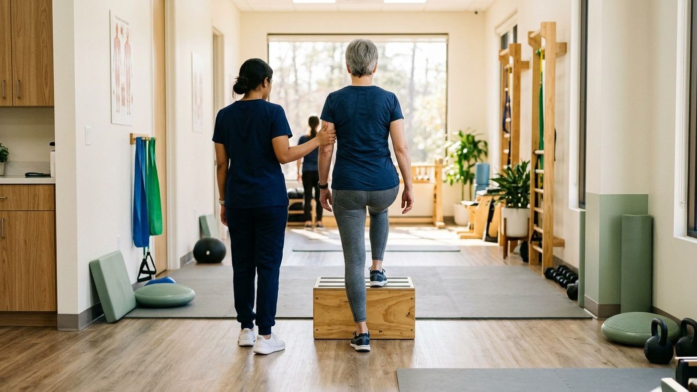 Physical therapist guiding a patient through a step-up exercise