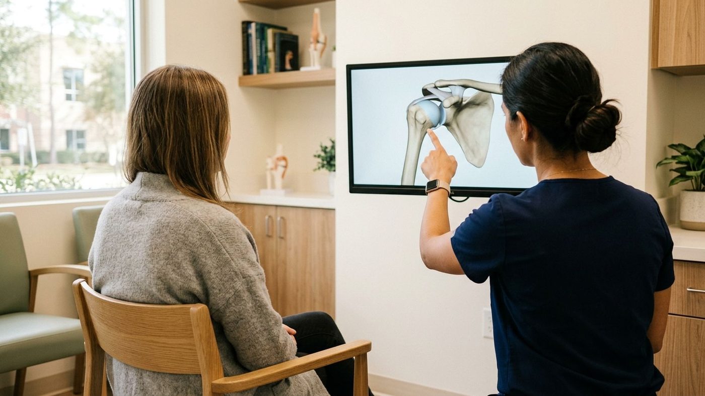 Surgeon reviewing a 3D shoulder plan with a patient