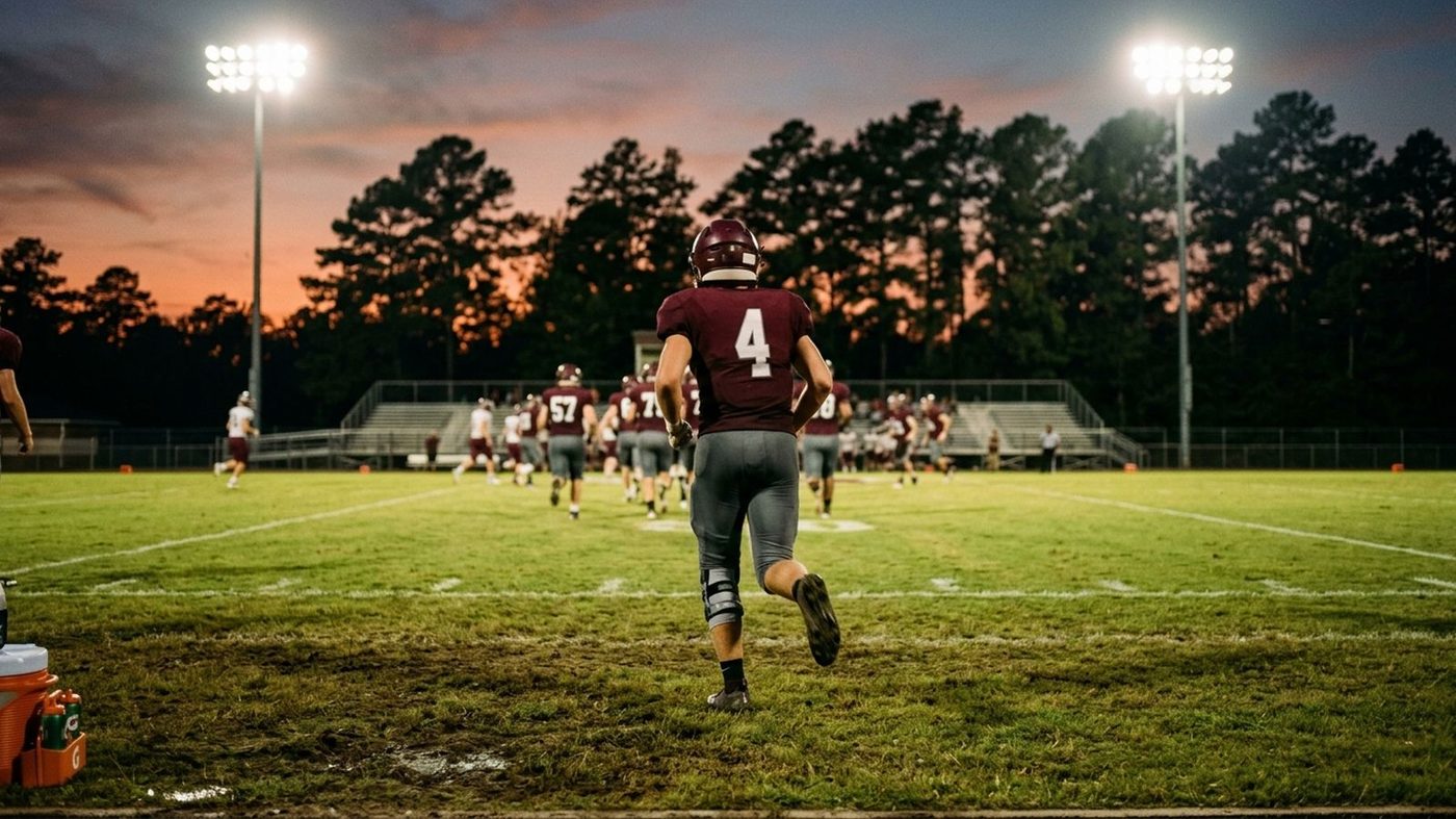 A football player running back onto the field under the lights