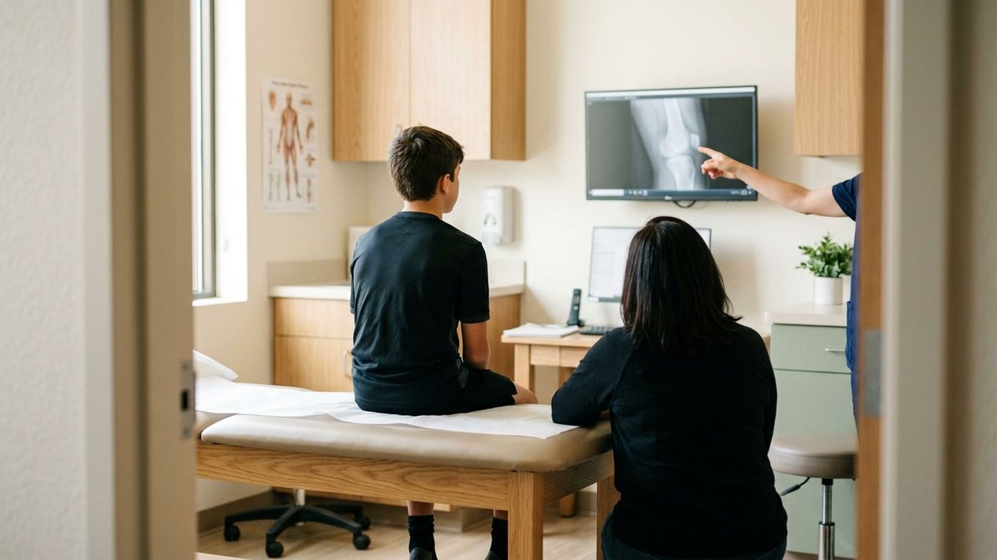 A young athlete and parent reviewing an X-ray with their doctor